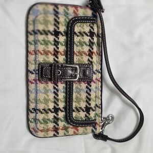 Coach Multicolor Plaid Woven Wristlet with Dark Brown Trim